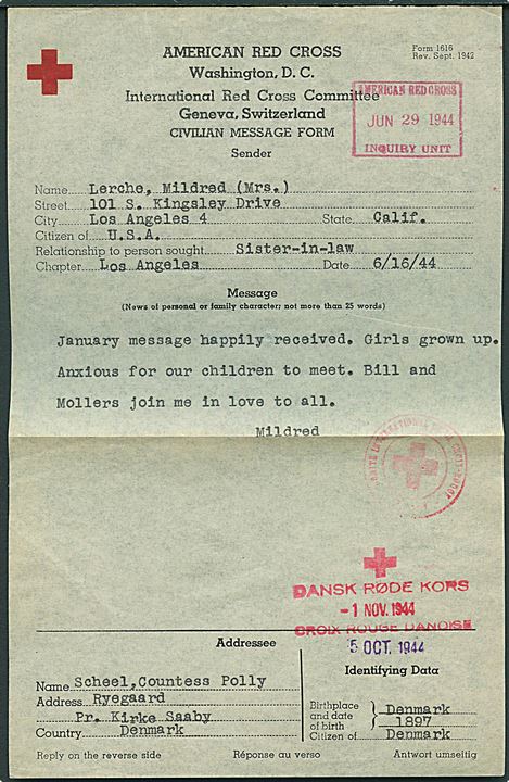 American Red Cross formular med meddelelse fra Los Angeles d. 16.6.1944 til Kirke Saaby, Danmark. Flere stempler.
