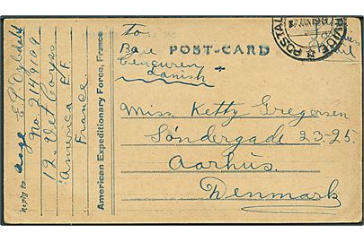Ufrankeret fortrykt feltpostbrevkort fra American Expeditionery Force, France stemplet d. 7.6.1919 til Aarhus, Danmark. Fra dansk soldat, Aage Dybdahl, i 12. Vet. Corps dateret Le Mans. Meddelelse skrevet på dansk.