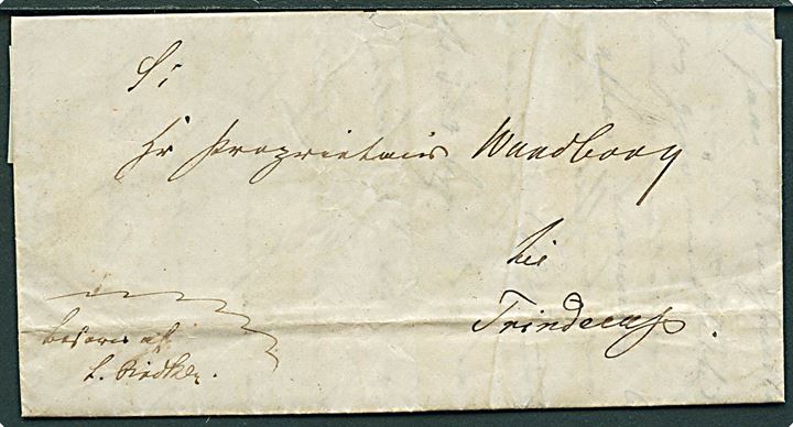 1848. Privatbefordret brev dateret Thiele 1848 til Trinderup. Påskrevet: Besørges af L. Bødke(?). 