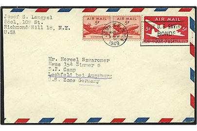 5 cent rød aerogram opfrankeret med 5 cent rød fra Jamaica, USA, d. 1.3.1949 til Lechfeld, Tyskland.