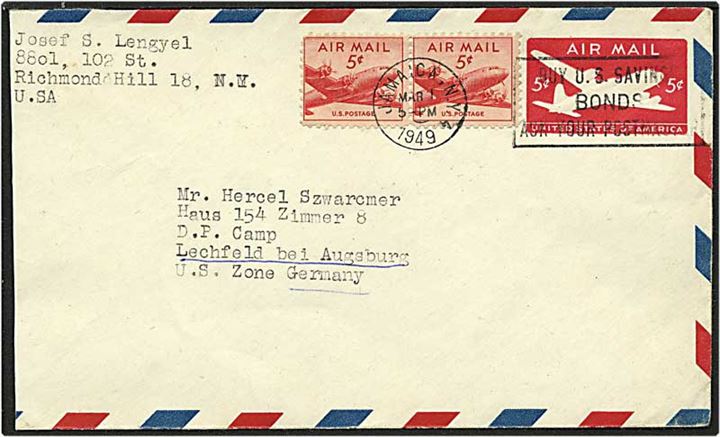 5 cent rød aerogram opfrankeret med 5 cent rød fra Jamaica, USA, d. 1.3.1949 til Lechfeld, Tyskland.