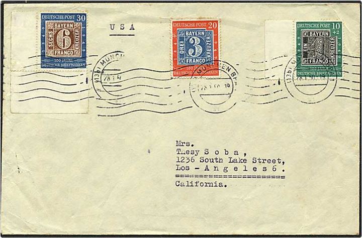 Komplet sæt frimærkejubilæum på brev fra München, Tyskland, d. 28.1.1950 til Los Angeles, USA.