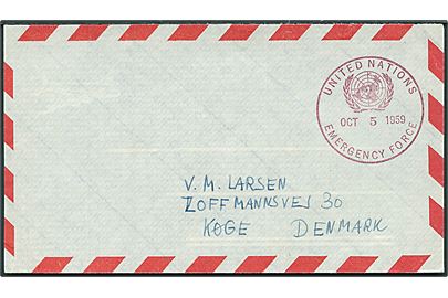 Ufrankeret luftpostkuvert stemplet United Nations Emergency Force d. 5.10.1959 til Køge, Danmark. Fra FN-soldat i Coy Beckmann, Danor Bn. UNEF.