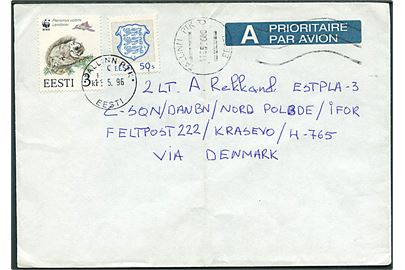 3,50 kr. frankeret brev fra Tallinn d. 11.5.1996 til estisk soldat i ESTPLA-3, C-SQN/DANBN/NORDPOLBDE/IFOR Feltpost 222/Krasevo/H-765 via Danmark. Interessant indgående post til estisk IFOR styrke via Danmark.