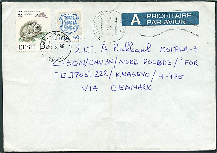 3,50 kr. frankeret brev fra Tallinn d. 11.5.1996 til estisk soldat i ESTPLA-3, C-SQN/DANBN/NORDPOLBDE/IFOR Feltpost 222/Krasevo/H-765 via Danmark. Interessant indgående post til estisk IFOR styrke via Danmark.