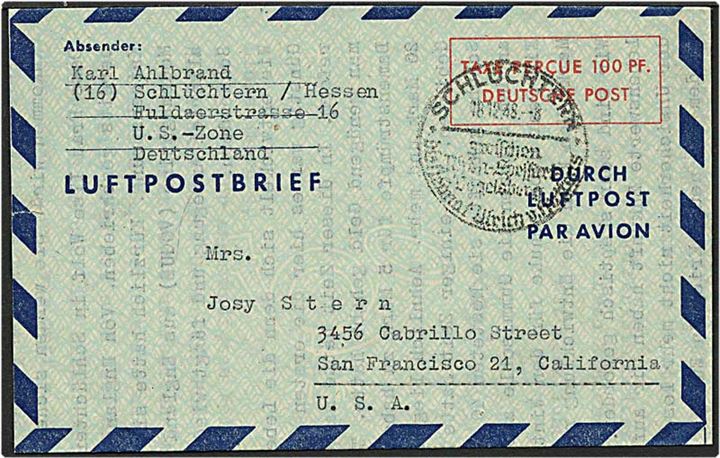 Luftpost brev fra Schuchtern, amerikansk/engelske zone, d. 18.12.1948 til San Francisco, USA. Mic. (LF1 II, 110 Euro).