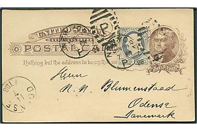 1 cent helsagsbrevkort opfrankeret med 1 cent fra New York d. 29.6.1886 til Odense, Danmark.
