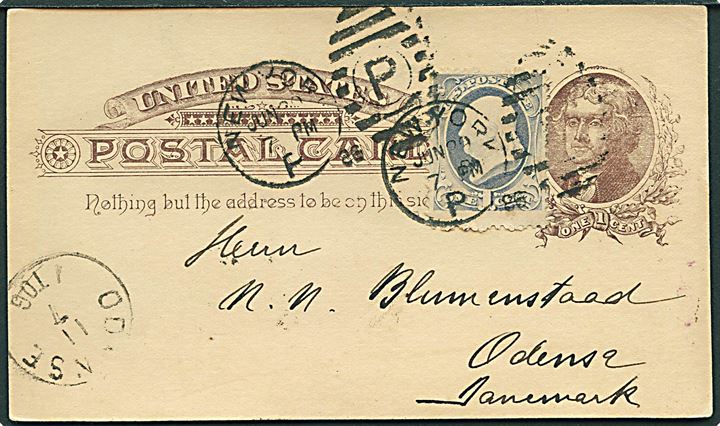 1 cent helsagsbrevkort opfrankeret med 1 cent fra New York d. 29.6.1886 til Odense, Danmark.