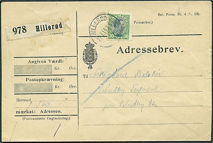30 øre Chr. X single på adressebrev for pakke fra Hillerød d. 27.1.1919 til Lundby.