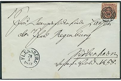 4 R.B.S. Thiele II på brev annulleret med nr.stempel 16 og sidestemplet Flensburg d. 28.5.1853 til Kjøbenhavn.