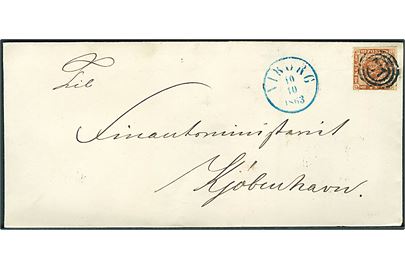 4 sk. stukken kant på brev annulleret med nr.stempel 77 og sidestemplet antiqua i blåfarve Viborg d. 10.10.1863 til Kjøbenhavn.