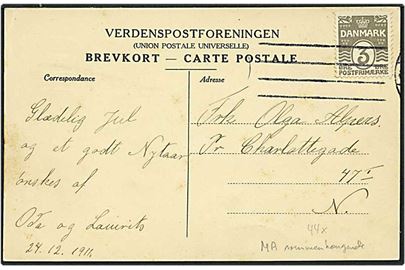 3 øre grå bølgelinie, MA sammenhængende, på lokalt sendt postkort fra København d. 24.12.1911.