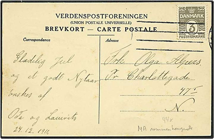 3 øre grå bølgelinie, MA sammenhængende, på lokalt sendt postkort fra København d. 24.12.1911.