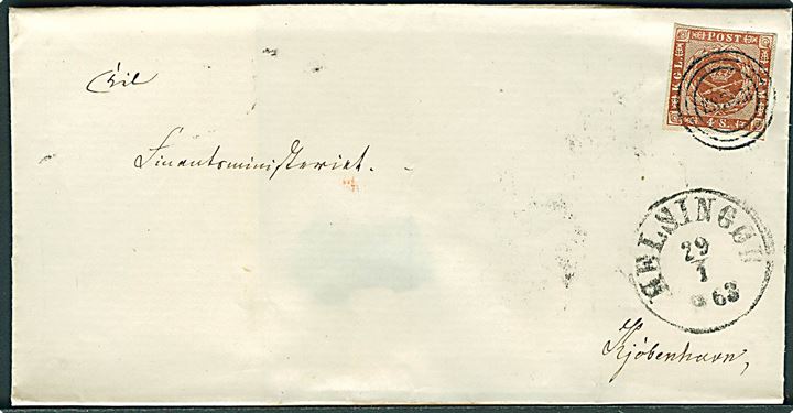 4 sk. 1858 udg. på brev annulleret med esrom-type stempel ESROM og sidestemplet antiqua Helsingør d. 29.1.1863 til Kjøbenhavn.