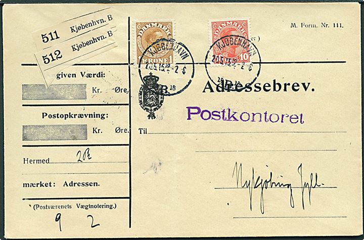 10 øre og 1 kr. Chr. X på adressebrev for 2 pakker fra Kjøbenhavn d. 20.5.1915 til Nykjøbing Jylland.
