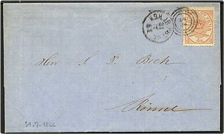 4 skilling krone/scepter på brev fra København d. 31.7.1866 til Rønne. Nummerstempel 34.