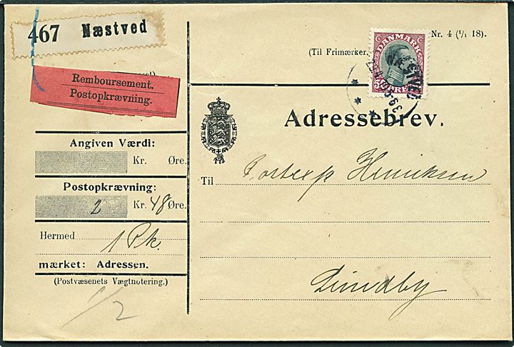 50 øre Chr. X single på adressebrev for pakke med opkrævning fra Næstved d. 29.4.1919 til Lundby.
