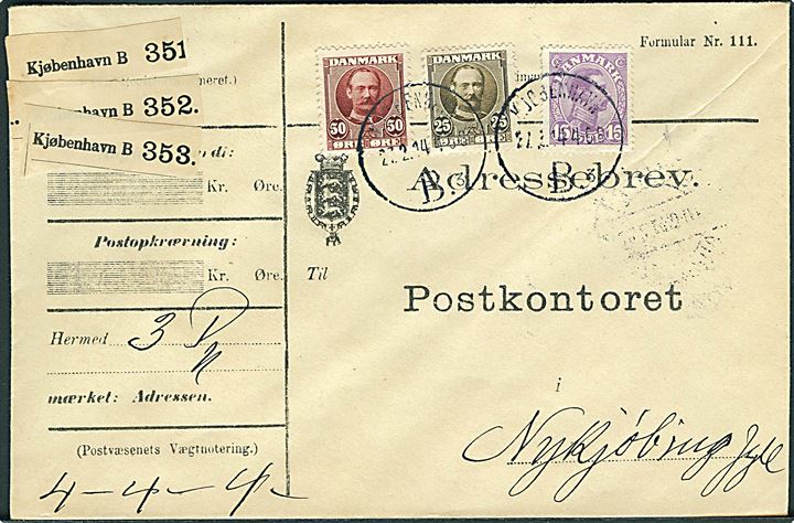 25 øre, 50 øre Fr. VIII og 15 øre Chr. X på 90 øre frankeret adressebrev for 3 pakker fra Kjøbenhavn d. 27.2.1914 til Nykjøbing Jyll.