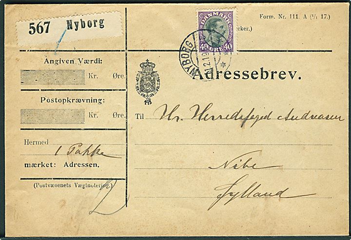 40 øre Chr. X single på adressebrev for pakke fra Nyborg d. 11.2.1919 til Nibe.