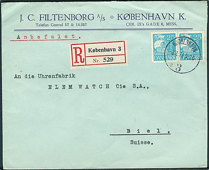 25 øre Karavel i parstykke på anbefalet brev fra Kjøbenhavn d. 6.7.1927 til Biel, Schweiz.