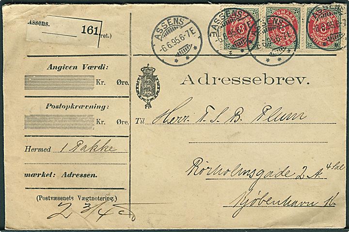 8 øre Tofarvet (3) på 24 øre frankeret adressebrev for pakke fra Assens d. 6.6.1895 til Kjøbenhavn.