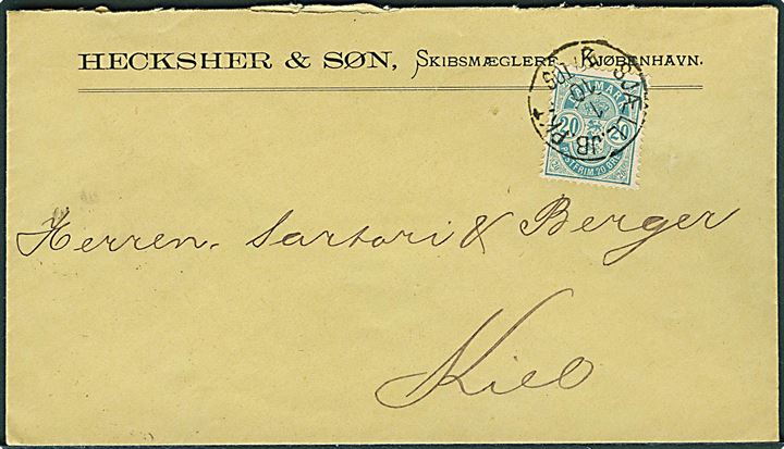 20 øre Våben på brev fra Kjøbenhavn annulleret med lapidar bureaustempel Sjæll.JB.PKT. d. 1.10.1890 til Kiel, Tyskland.