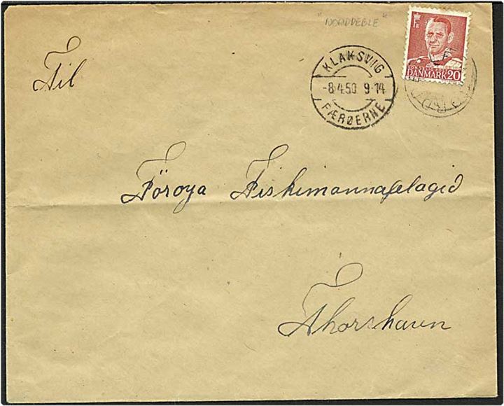 20 øre rød Fr. IX på brev fra Norddeble d. 8.4.1950 til Thorshavn. Norddeble stjernestempel.