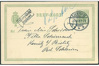 5 øre Fr. VIII helsagsbrevkort fra Gjentofte d. 31.5.1909 til Kamnitz, Østrig. Underfrankeret med T-stempel og rammestempel: Utilstrækkelig frankeret.