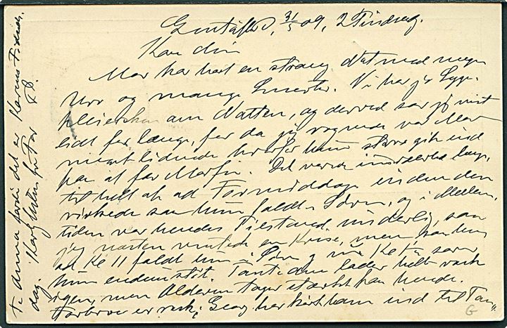 5 øre Fr. VIII helsagsbrevkort fra Gjentofte d. 31.5.1909 til Kamnitz, Østrig. Underfrankeret med T-stempel og rammestempel: Utilstrækkelig frankeret.