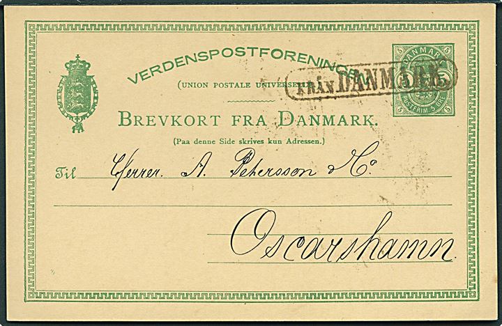 5 øre helsagsbrevkort fra København d. 12.5.1887 annulleret med svensk skibsstempel Från Danmark til Oscarshamn, Sverige.
