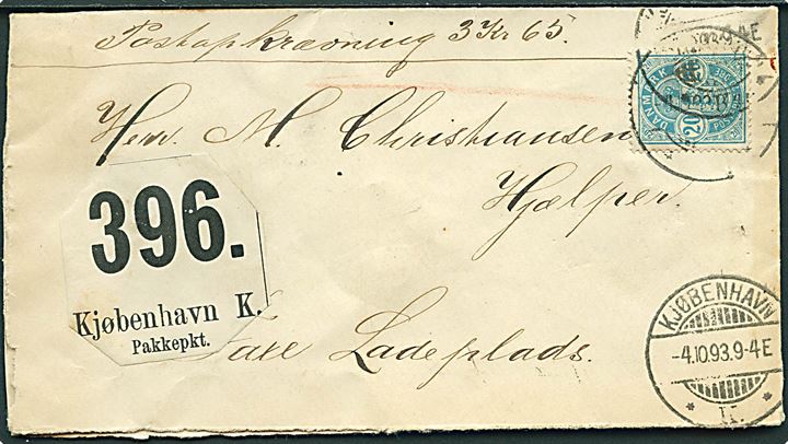 20 øre Våben single på brev med postopkrævning fra Kjøbenhavn d. 4.10.1893 til Faxe Ladeplads. Ank.stemplet lapidar Faxe Ladeplads d. 4.10.1893.