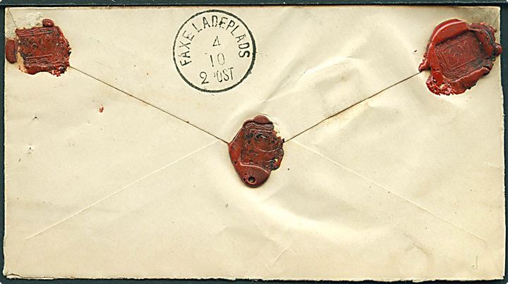 20 øre Våben single på brev med postopkrævning fra Kjøbenhavn d. 4.10.1893 til Faxe Ladeplads. Ank.stemplet lapidar Faxe Ladeplads d. 4.10.1893.