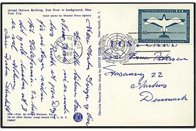10 cent grøn/hvid FN mærke på postkort fra New York, USA, d. 5.4.1960 til Aarhus.