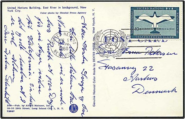 10 cent grøn/hvid FN mærke på postkort fra New York, USA, d. 5.4.1960 til Aarhus.