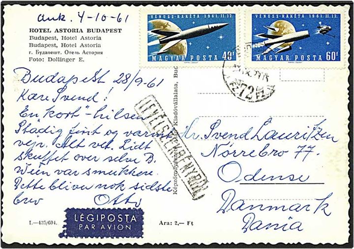 Luftpost postkort fra Budapest, Ungarn, d. 4.10.1961 til Odense.