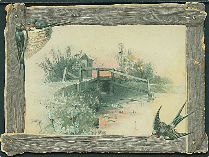 Kartonkort med bro og fugle. Anvendt i 1892. U/no. Kort med skader.