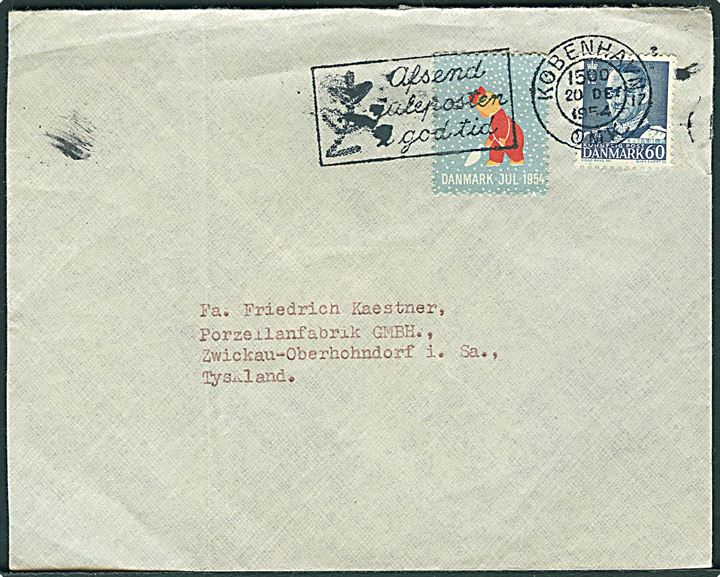 60 øre Fr. IX og Julemærke 1954 på brev fra København d. 20.12.1954 til Zwickau, Tyskland.
