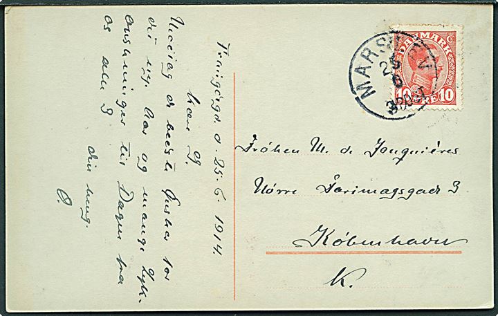 10 øre Chr. X på brevkort annulleret med lapidar Marslev d. 25.6.1914 til København. Sen anvendelse af lapidar stempel.