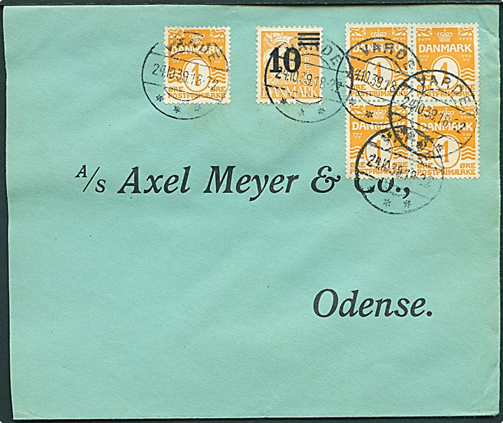 1 øre bogtryk Bølgelinie (5) og 10/30 øre Provisorium på brev fra Varde d. 24.10.1939 til Odense.