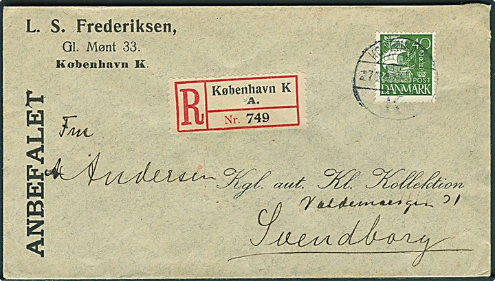 40 øre Karavel single på anbefalet brev fra København d. 27.6.1927 til Svendborg.