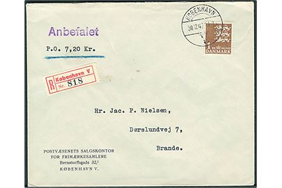 1 kr. Rigsvåben single på anbefalet brev med postopkrævning fra København d. 30.12.1947 til Brande.