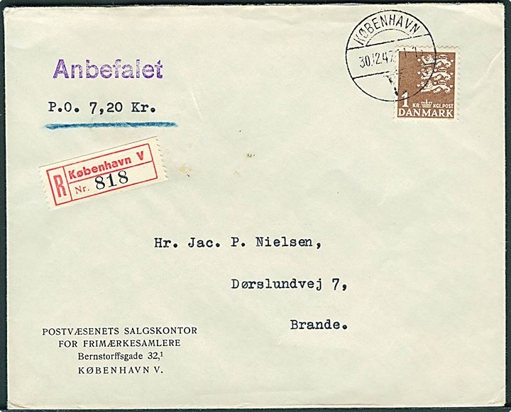 1 kr. Rigsvåben single på anbefalet brev med postopkrævning fra København d. 30.12.1947 til Brande.