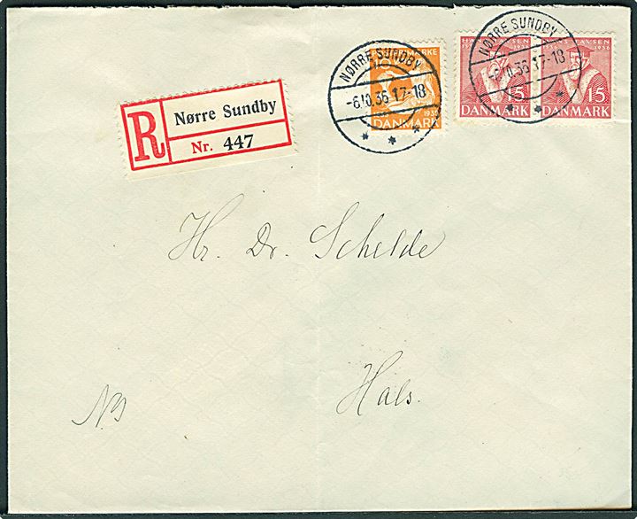 10 øre H.C.Andersen og 15 øre Tavsen i parstykke på anbefalet brev annulleret med brotype IIc Nørre Sundby d. 6.10.1936 til Hals.