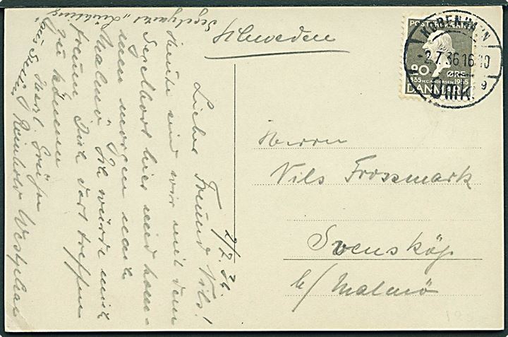 20 øre H.C.Andersen på brevkort fra København d. 2.7.1936 til Svensköp pr. Malmö, Sverige.