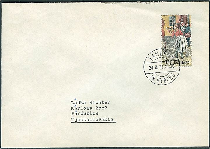 1,30 kr. Postillon fra Hafnia III blok på brev annulleret med pr.-stempel Lamdrup pr. Nyborg d. 24.8.19776 til Tjekkislovakiet. 