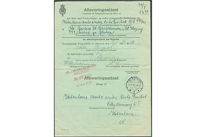 Afleveringsattest formular F.71 11/32 fra Glostrup d. 21.4.1943 til København.