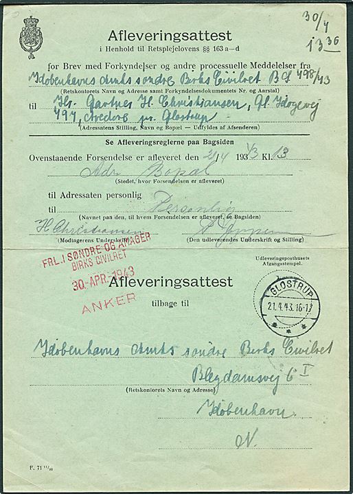 Afleveringsattest formular F.71 11/32 fra Glostrup d. 21.4.1943 til København.