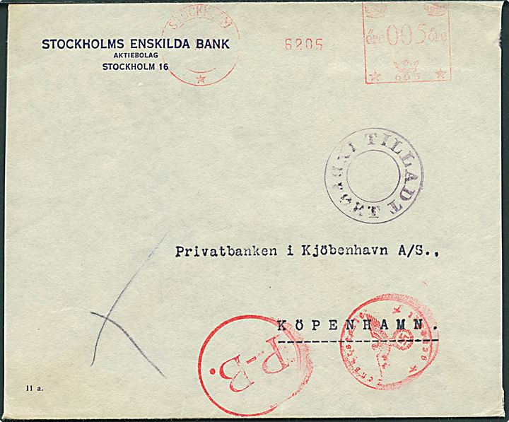 5 öre firmafranko frankeret tryksag fra Stockholm d. 20.11.1944 til København, Danmark. Passér stemplet med Zensurstelle k, P-B. og Tilladt Indført.
