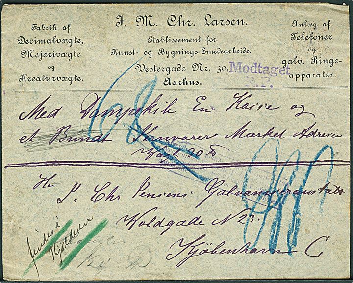 Ufrankeret dampskibsfragtbrev for gods fra Aarhus d. 28.10.1888 til Kjøbenhavn. Mange stempler og påtegninger.