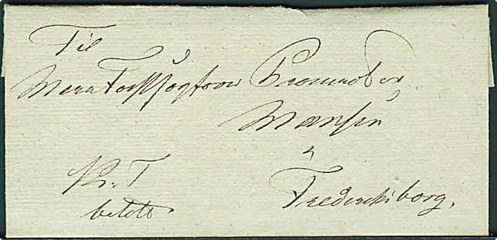 1828. Tjenestebrev påskrevet K.T. betalt med indhold dateret Kulhuus d. 8.7.1828 til Frederiksborg.